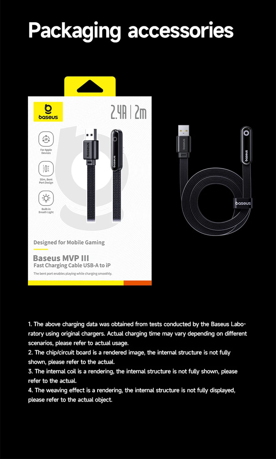 Baseus MVP3 Elbowed 2.4A USB Cable For iPhone 14 13 12 LED Light USB Cable for iPad Pro Fast Charging Data Wire For iPhone 7 6S
