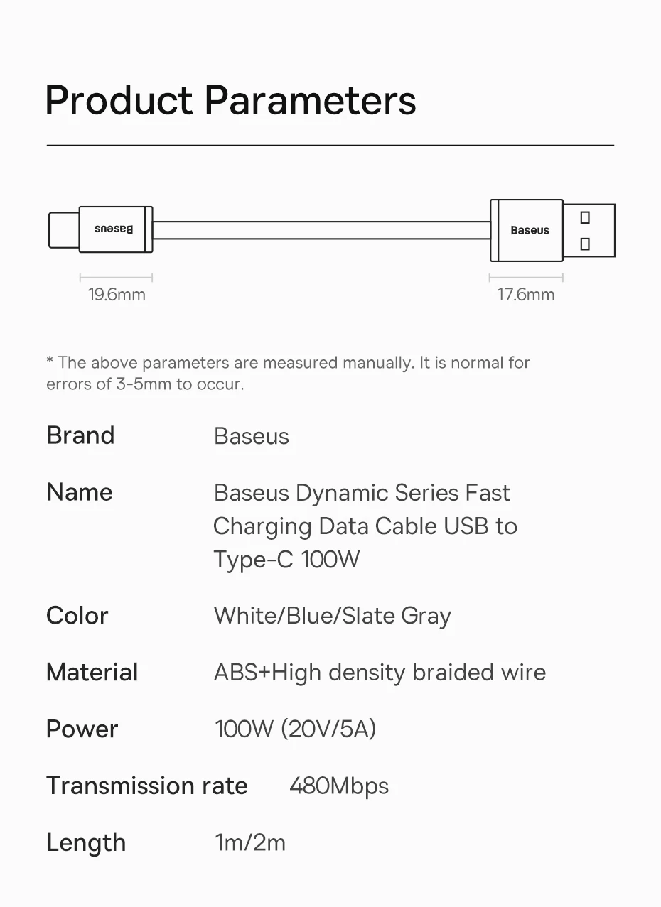 Baseus USB Type C Cable For Huawei P30 Pro Honor 100W Fast Charging Wire USB-C Charger Data Cord For Samsung Oneplus Poco F3