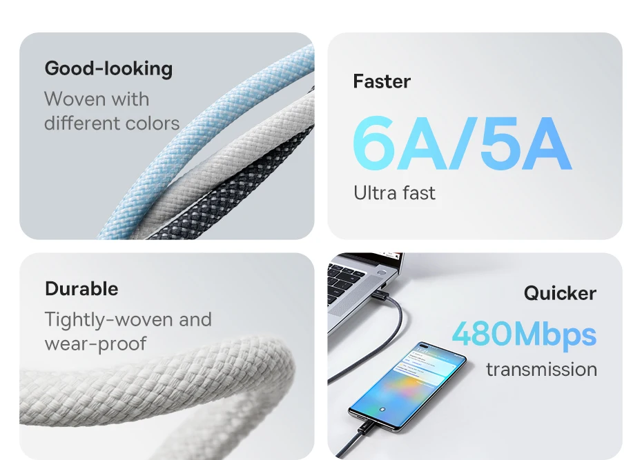 Baseus USB Type C Cable For Huawei P30 Pro Honor 100W Fast Charging Wire USB-C Charger Data Cord For Samsung Oneplus Poco F3