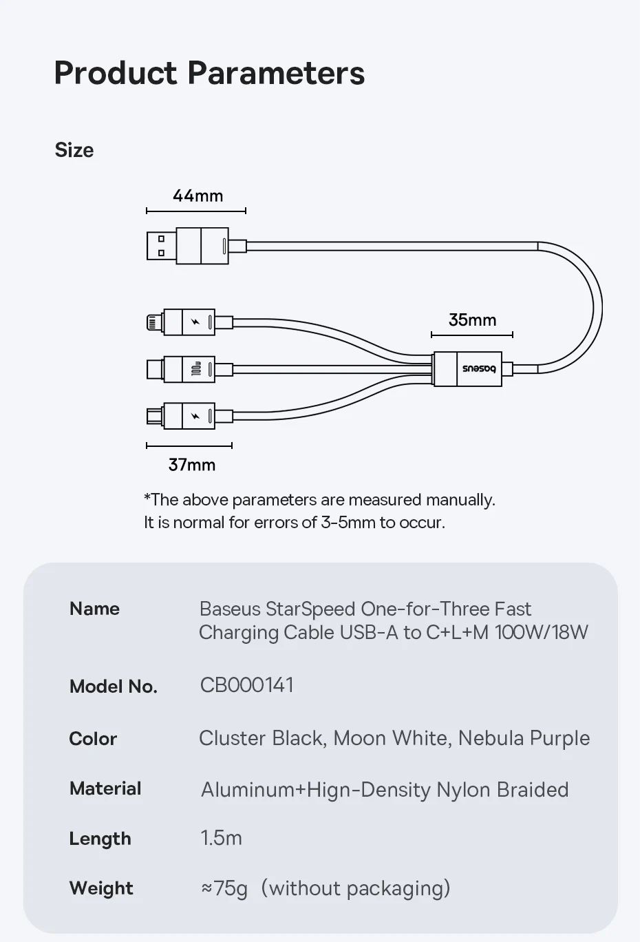 Baseus 18W USB Cable For iPhone 15 Pro Max 100W Fast Charging Cable For Huawei Honor USB Type C Data Wire For Tablets Phone
