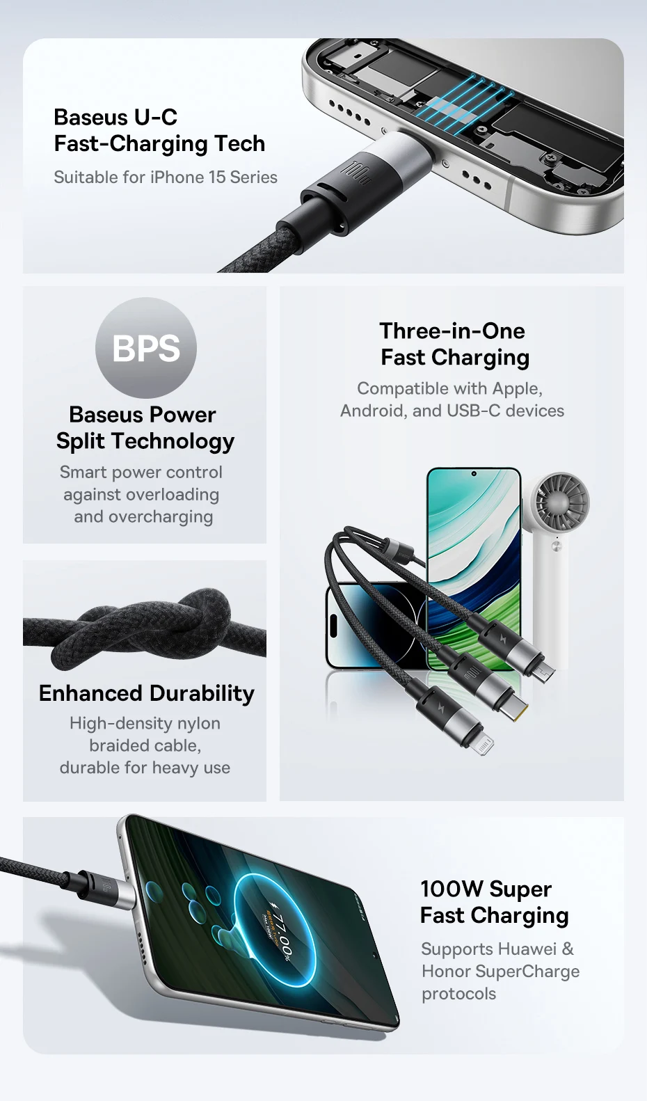 Baseus 18W USB Cable For iPhone 15 Pro Max 100W Fast Charging Cable For Huawei Honor USB Type C Data Wire For Tablets Phone