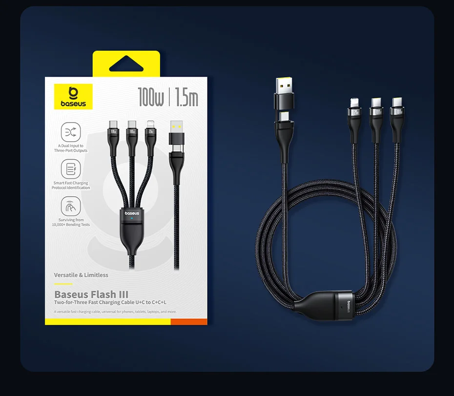 Baseus 3 in 2 USB C Cable for iphone 16 15 Pro Max 100W USB Cable Type C For Xiaomi Huawei Fast Charging Cable For Macbook