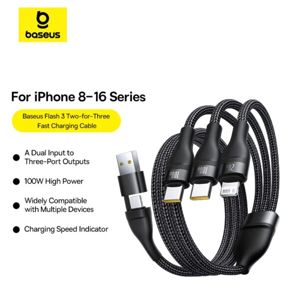 Baseus Flash Series 3-in-2 USB C Fast Charging Cable 100W for iPhone 16 15 Pro Macbook Xiaomi Huawei - Image 2