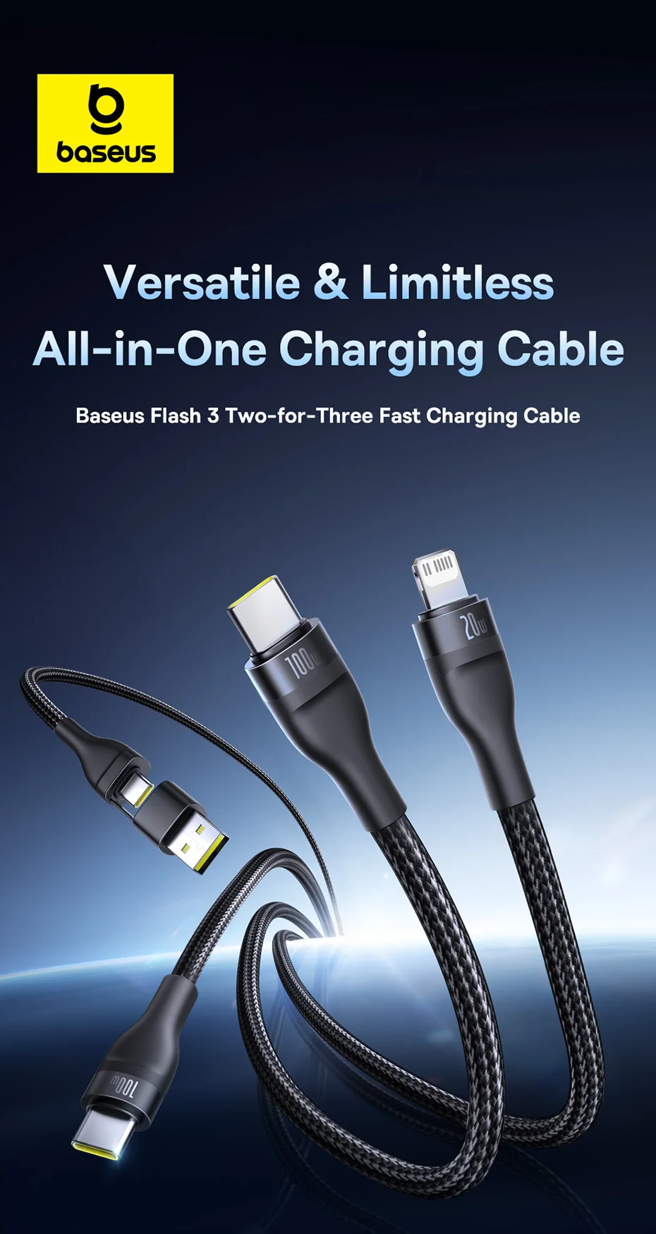 Baseus 3 in 2 USB C Cable for iphone 16 15 Pro Max 100W USB Cable Type C For Xiaomi Huawei Fast Charging Cable For Macbook
