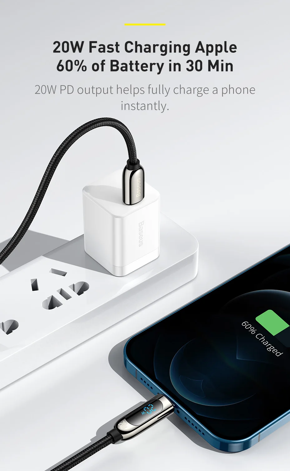 Baseus Digital Display 20W PD USB C Cable for iPhone 14 13 12 Pro Max XR Fast Charging Cable Mobile Phone Data Cord