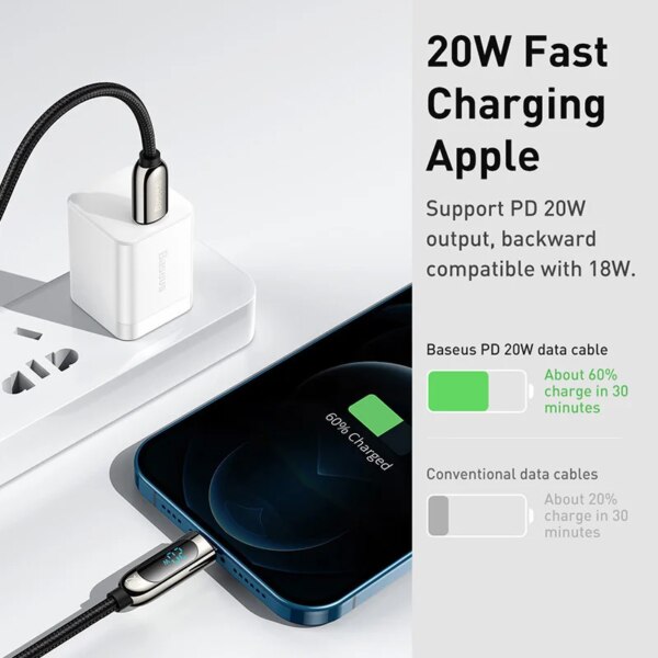 Baseus Digital Display PD 20W Fast Charging Cable USB C to Lightning for iPhone 14 13 12 Pro Max - Image 3