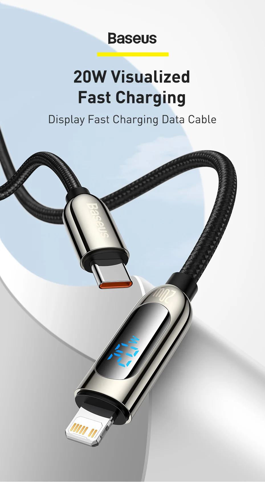Baseus Digital Display 20W PD USB C Cable for iPhone 14 13 12 Pro Max XR Fast Charging Cable Mobile Phone Data Cord