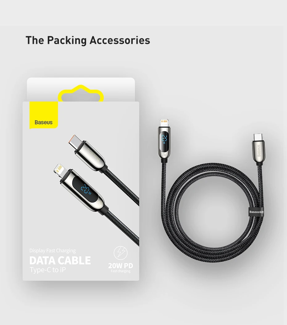 Baseus Digital Display 20W PD USB C Cable for iPhone 14 13 12 Pro Max XR Fast Charging Cable Mobile Phone Data Cord