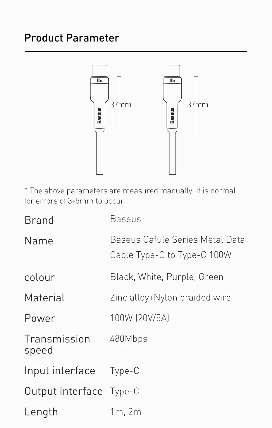 Baseus 100W USB C to USB Type C Cable for MacBook Pro QC 4.0 PD USB C Fast Charger Cable for Xiaomi Redmi For iPhone 15 Plus Pro