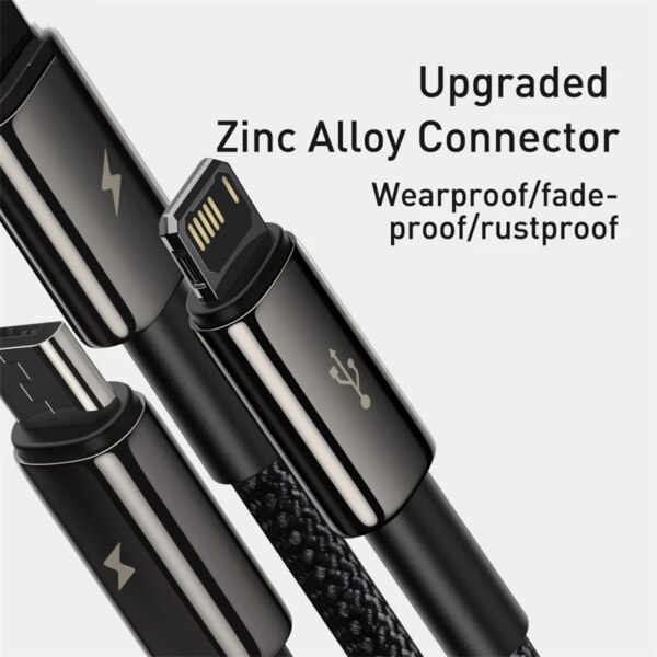 Baseus Tungsten Gold 3 in 1 Fast Charging Cable 3.5A USB to Micro Type C iPhone - Image 2