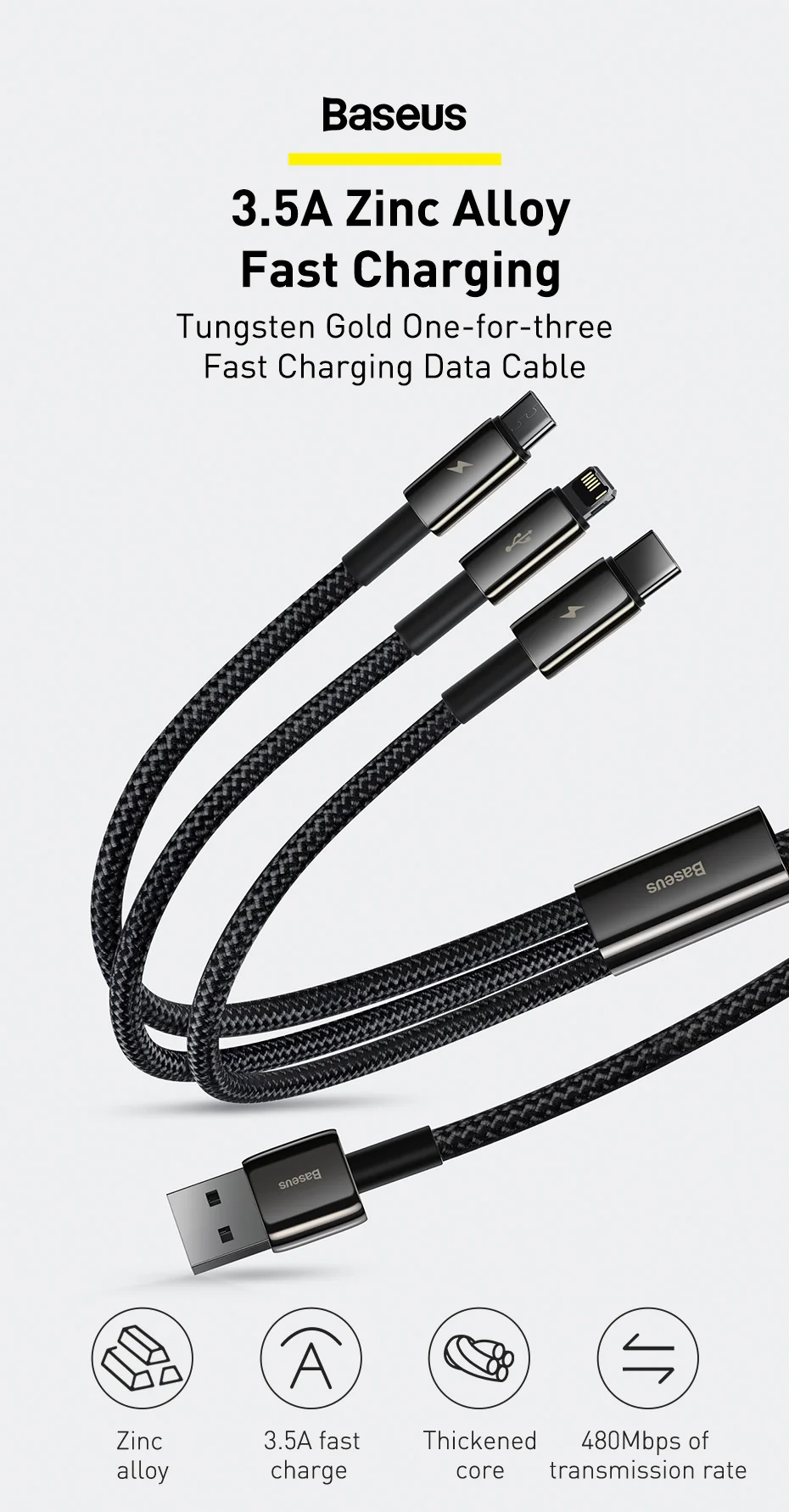 Baseus 3 in 1 USB Cable for iPhone 14 Pro Max Micro Type C USB Cable for Xiaomi Red mi note 9 Samsung S23 Fast Charging Cord
