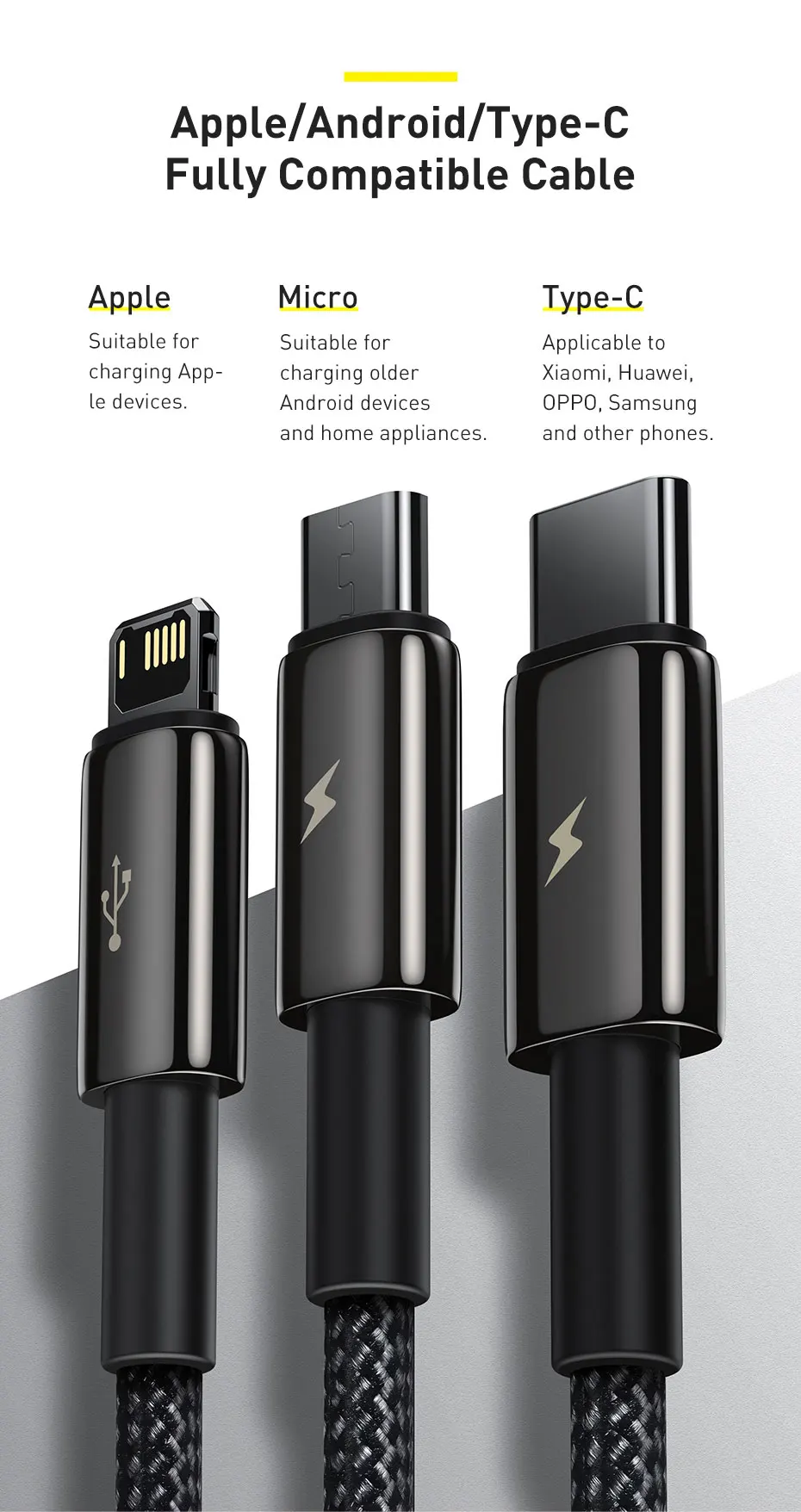 Baseus 3 in 1 USB Cable for iPhone 14 Pro Max Micro Type C USB Cable for Xiaomi Red mi note 9 Samsung S23 Fast Charging Cord