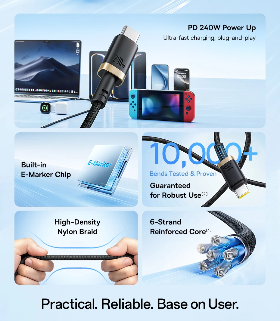 Baseus 240W USB Type C To USB C Cable For iPhone 15 16 100W Fast Charging Charger Wire For Macbook Pro Xiaomi Samsung Laptop