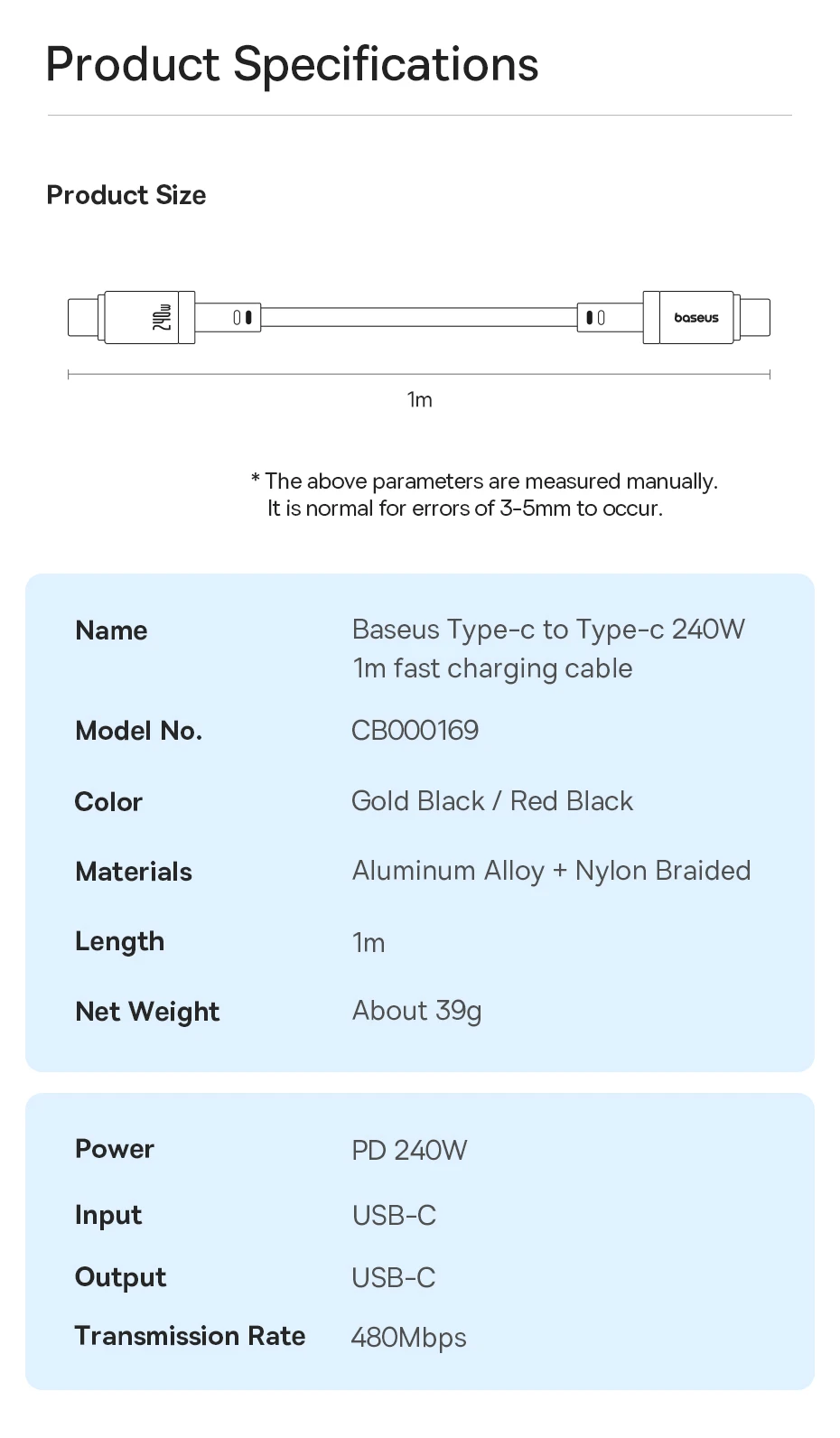Baseus 240W USB Type C To USB C Cable For iPhone 15 16 100W Fast Charging Charger Wire For Macbook Pro Xiaomi Samsung Laptop