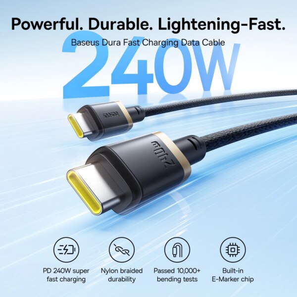 Baseus Dura 240W USB C to USB C Fast Charging Cable Nylon Braided for MacBook iPhone 15 Samsung - Image 3