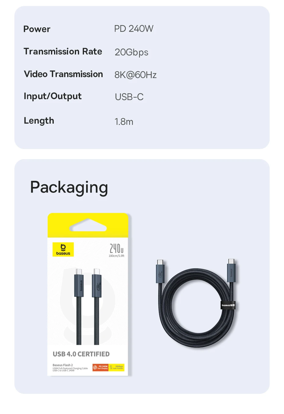 Baseus 240W USB 3.1 20Gbps USB C Cable For iPhone 15 Promax 8K/60HZ Type C to Type C Data Cable USB C Cable For MacBook