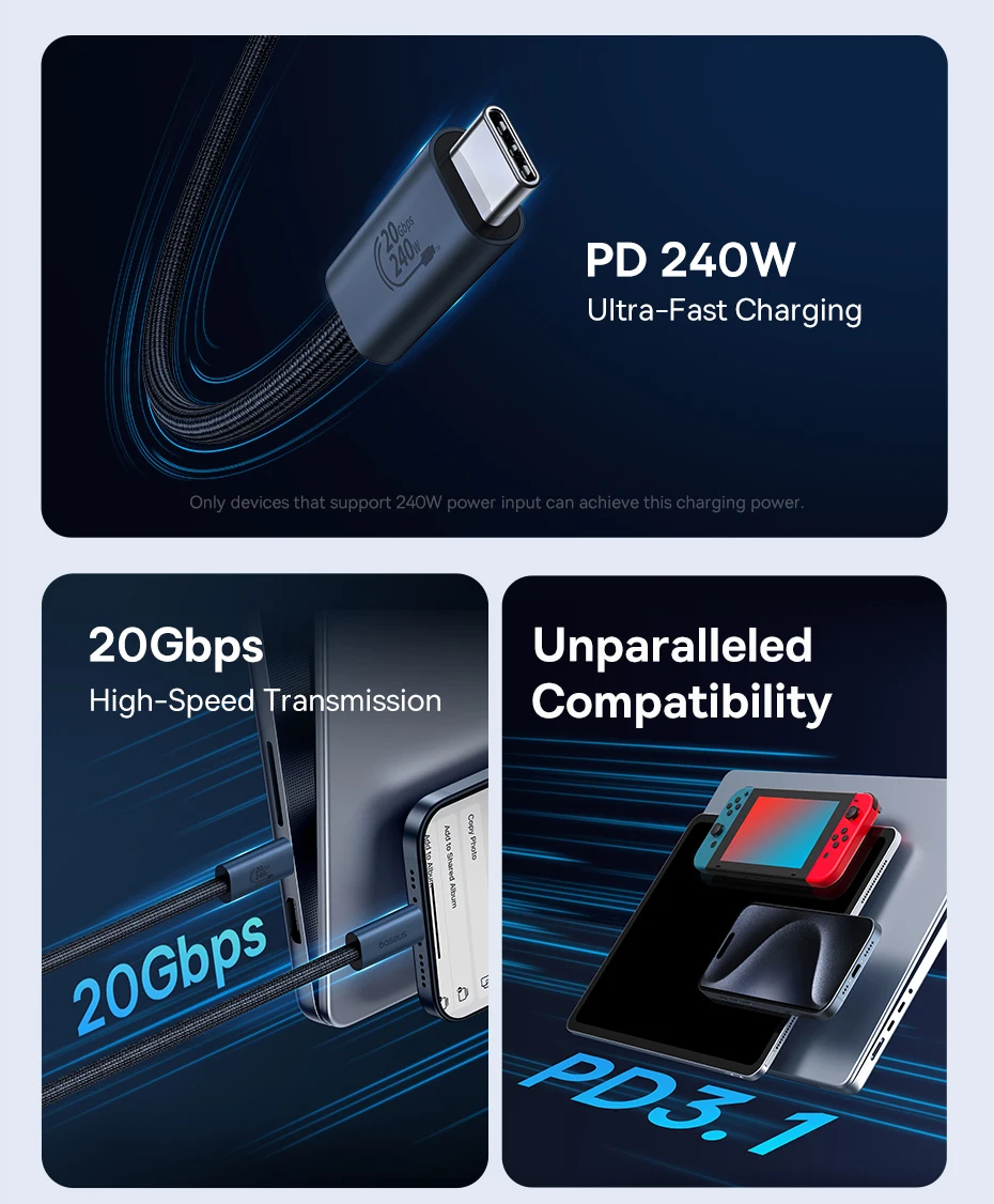 Baseus 240W USB 3.1 20Gbps USB C Cable For iPhone 15 Promax 8K/60HZ Type C to Type C Data Cable USB C Cable For MacBook