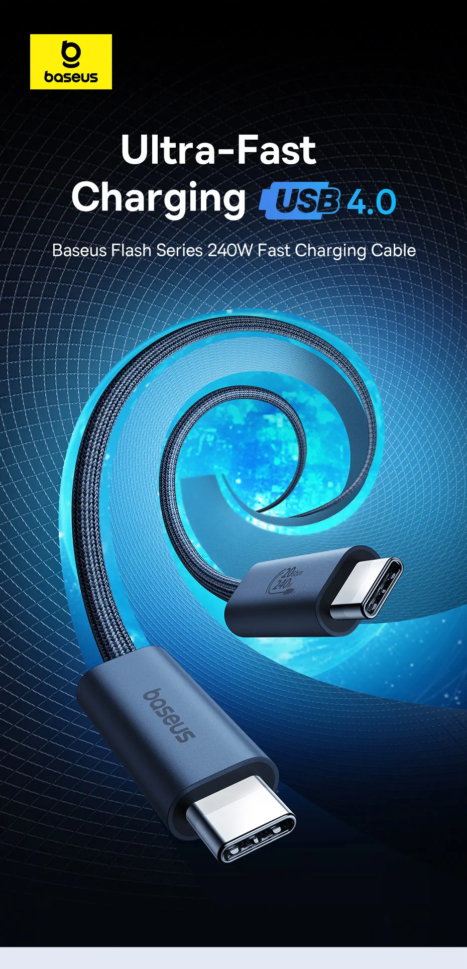 Baseus 240W USB 3.1 20Gbps USB C Cable For iPhone 15 Promax 8K/60HZ Type C to Type C Data Cable USB C Cable For MacBook