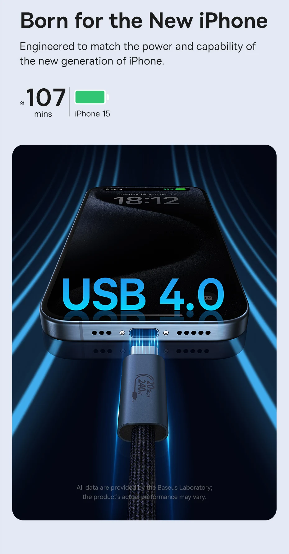 Baseus 240W USB 3.1 20Gbps USB C Cable For iPhone 15 Promax 8K/60HZ Type C to Type C Data Cable USB C Cable For MacBook