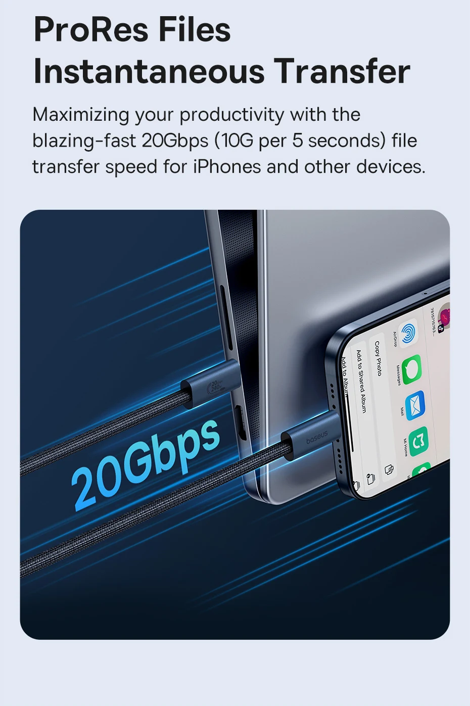 Baseus 240W USB 3.1 20Gbps USB C Cable For iPhone 15 Promax 8K/60HZ Type C to Type C Data Cable USB C Cable For MacBook
