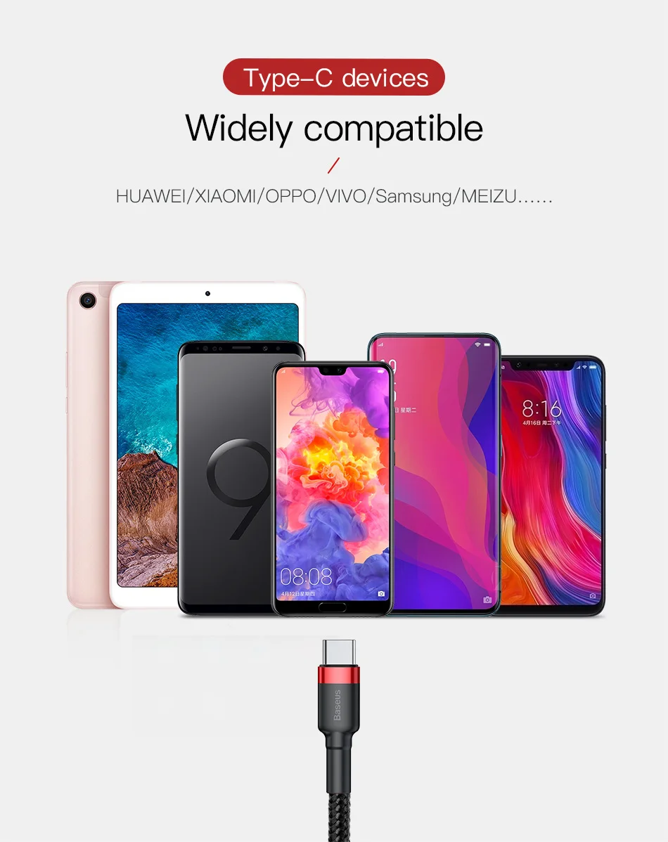 Baseus Fast Charging USB Type C Cable for Samsung S10 S9 Quick Charge 3.0 Cable USB C for Huawei P30 Xiaomi USB-C Charger Wire