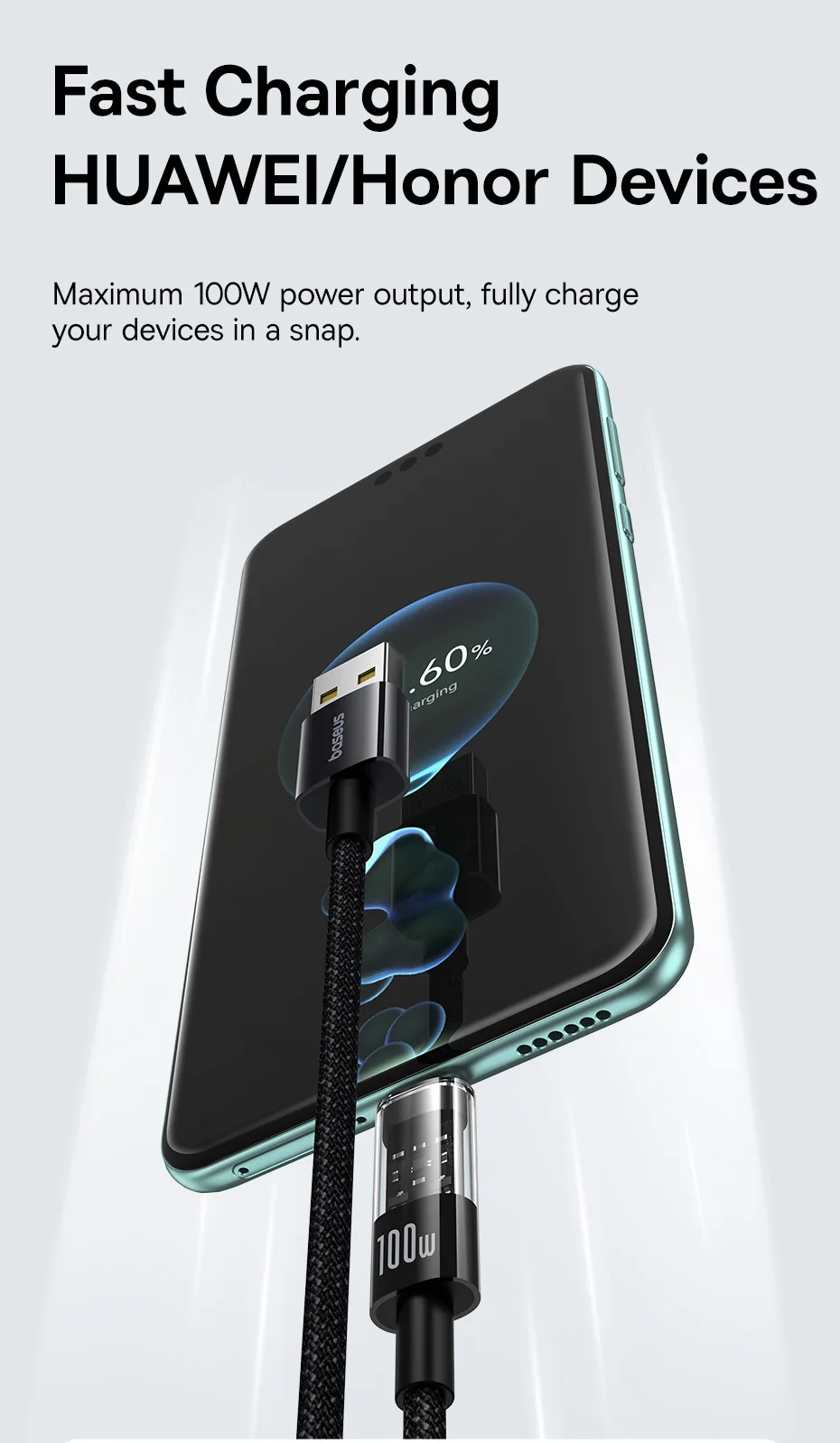 Baseus Transparent 100W USB Type C Cable For Huawei Honor Xiaomi Samsung Super Charge Fast Charging USB C Charge Data Cable Wire