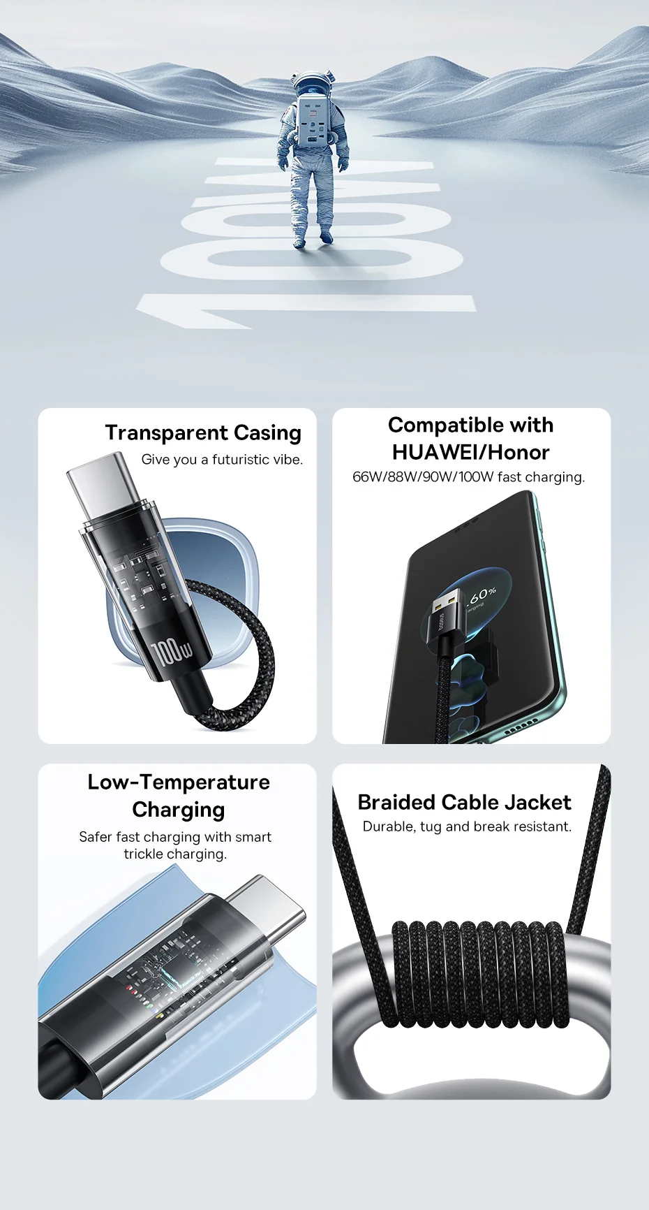 Baseus Transparent 100W USB Type C Cable For Huawei Honor Xiaomi Samsung Super Charge Fast Charging USB C Charge Data Cable Wire
