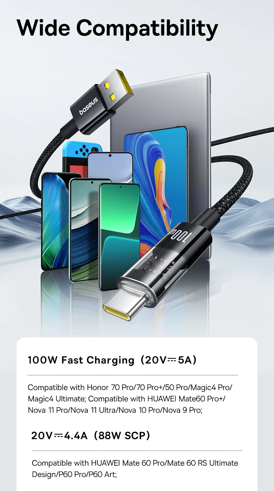 Baseus Transparent 100W USB Type C Cable For Huawei Honor Xiaomi Samsung Super Charge Fast Charging USB C Charge Data Cable Wire