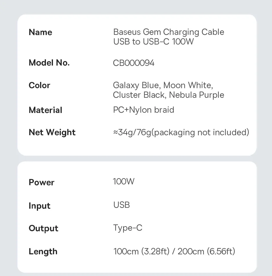 Baseus Transparent 100W USB Type C Cable For Huawei Honor Xiaomi Samsung Super Charge Fast Charging USB C Charge Data Cable Wire