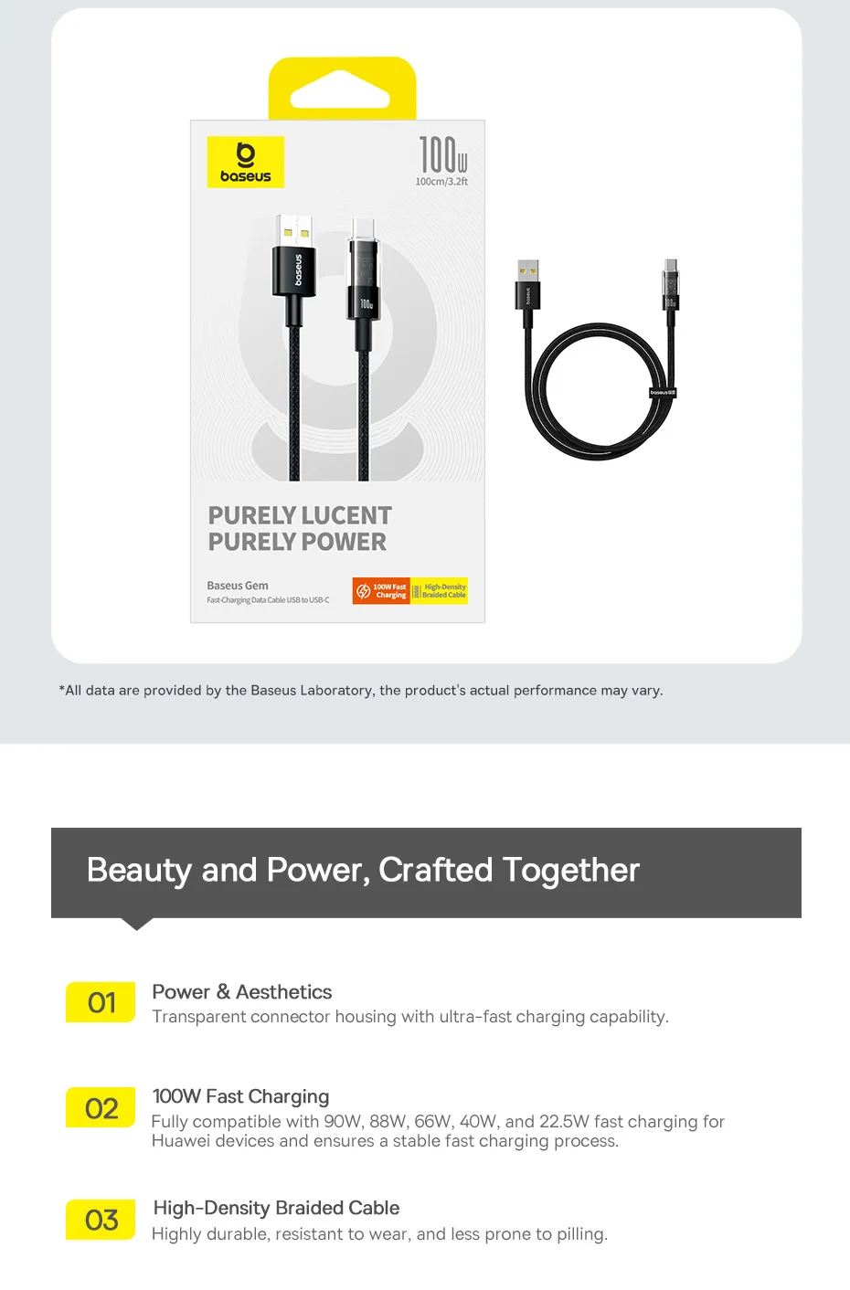 Baseus Transparent 100W USB Type C Cable For Huawei Honor Xiaomi Samsung Super Charge Fast Charging USB C Charge Data Cable Wire