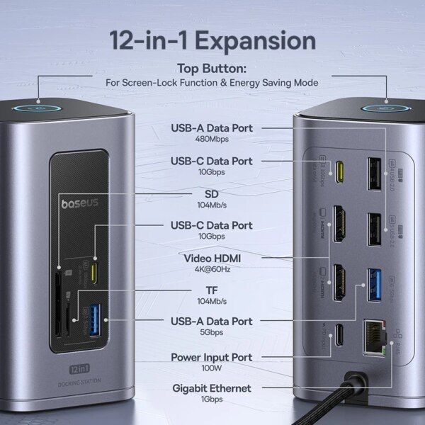 Baseus 12-in-1 USB C Docking Station Dual HDMI 4K@60Hz 100W PD 10Gbps Hub for Mac Windows - Image 4