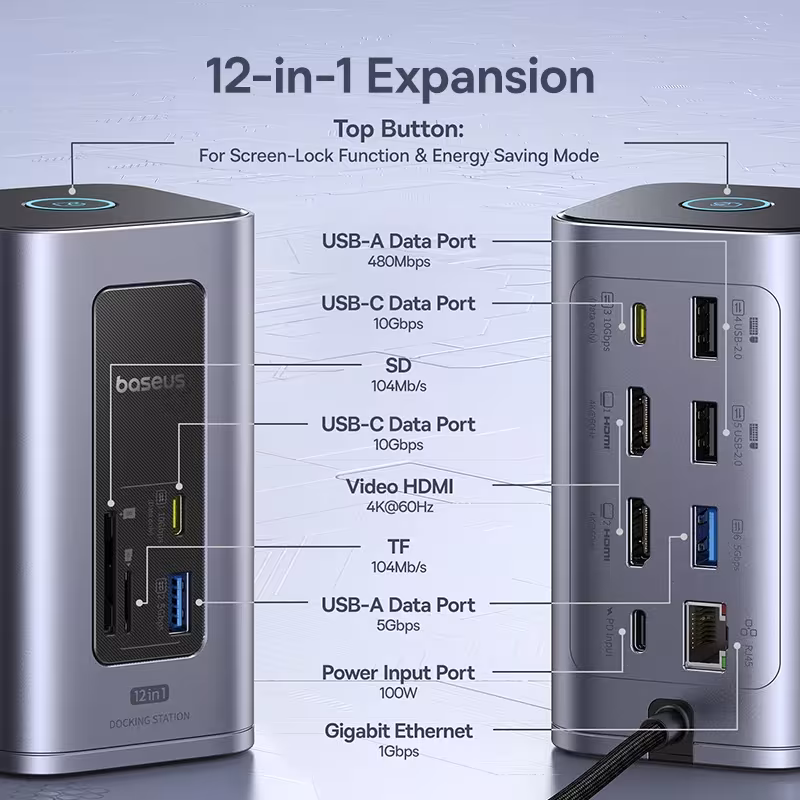 Baseus 12-in-1 USB C Docking Station Dual HDMI 4K@60Hz 100W PD 10Gbps Hub for Mac Windows Baseus 12-in-1 USB C Docking Station Dual HDMI 4K@60Hz 100W PD 10Gbps Hub for Mac Windows - Image 4