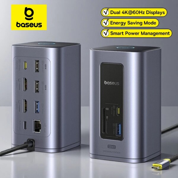 Baseus 12-in-1 USB C Docking Station Dual HDMI 4K@60Hz 100W PD 10Gbps Hub for Mac Windows