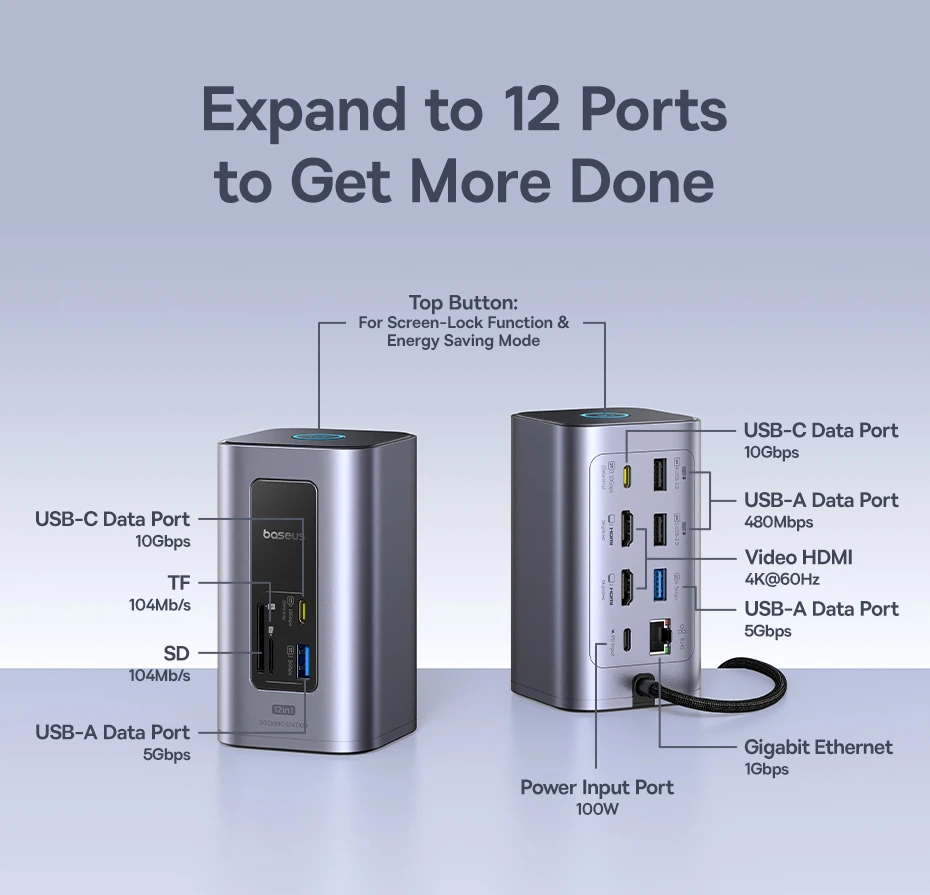 Baseus 12-in-1 USB C HUB to HDMI 4K@60Hz Dual Display USB 3.2 Adapter with RJ45 SD TF PD 100W Docking Station for Window Mac Hub