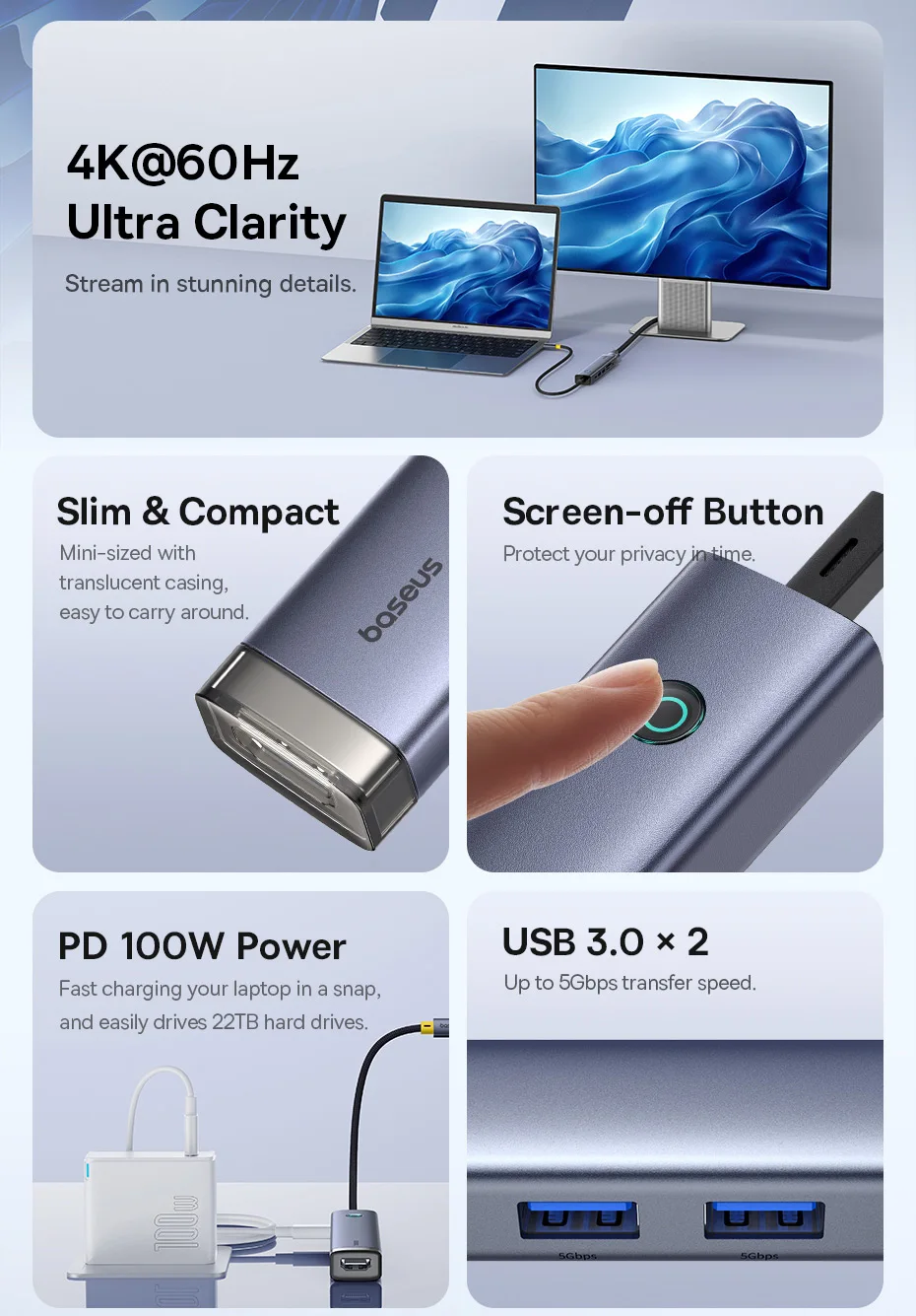 Baseus USB C Hub to HDMI 4K 60Hz USB Type C 3.0 RJ45 PD 100W USB 3.0 SD TF Card Slim Adapter USB C Dock for MacBook PC USB HUB
