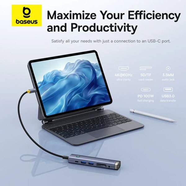 Baseus 9-in-1 USB C Hub HDMI 4K 60Hz Adapter 100W PD USB 3.0 RJ45 Ethernet SD TF Card Reader - Image 2