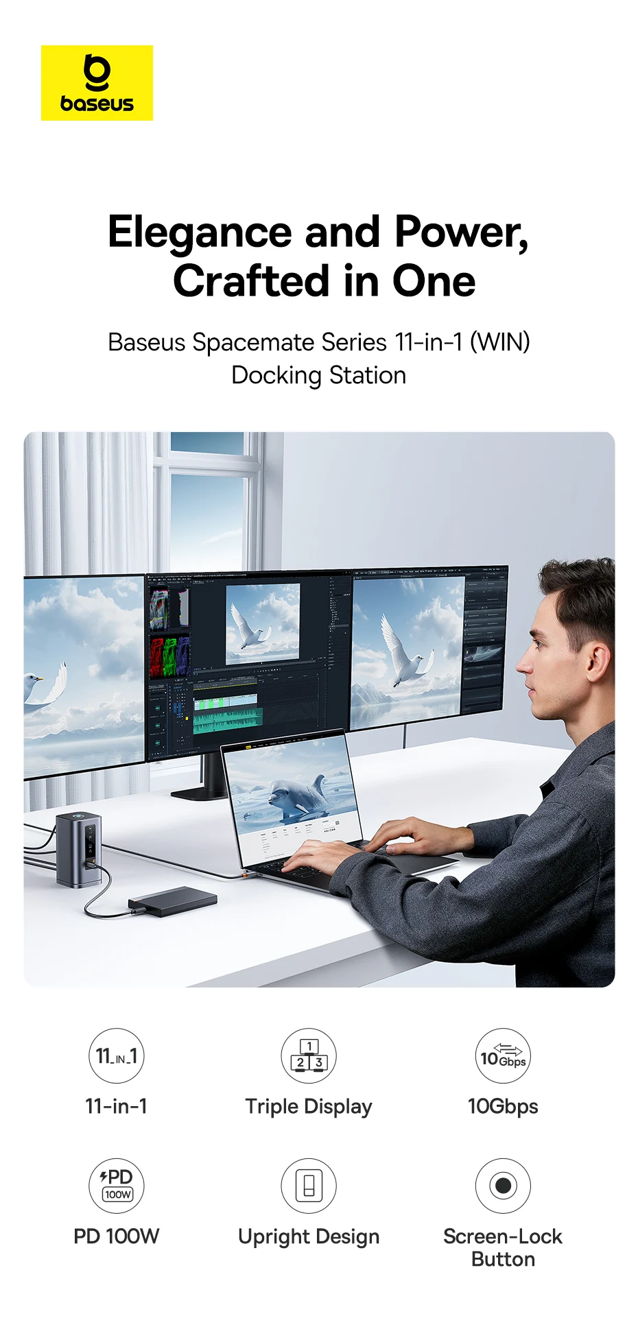 Baseus USB C Hub to DP 4K@60Hz HDMI DisplayPort 11-IN-1 Docking Station Triple Display RJ45 PD 100W For Window Mac USB 3.1 HUB
