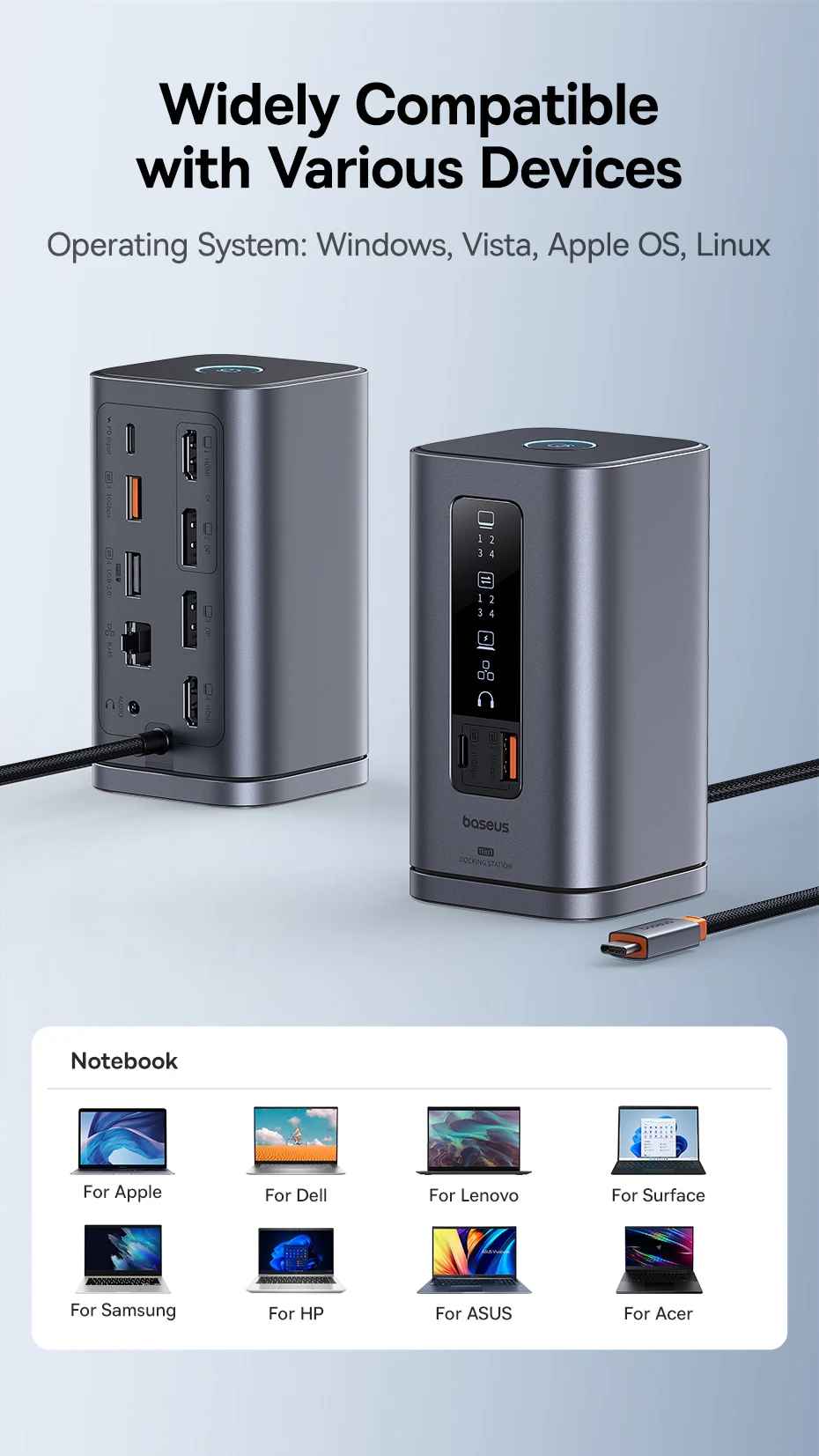 Baseus USB C Hub to DP 4K@60Hz HDMI DisplayPort 11-IN-1 Docking Station Triple Display RJ45 PD 100W For Window Mac USB 3.1 HUB