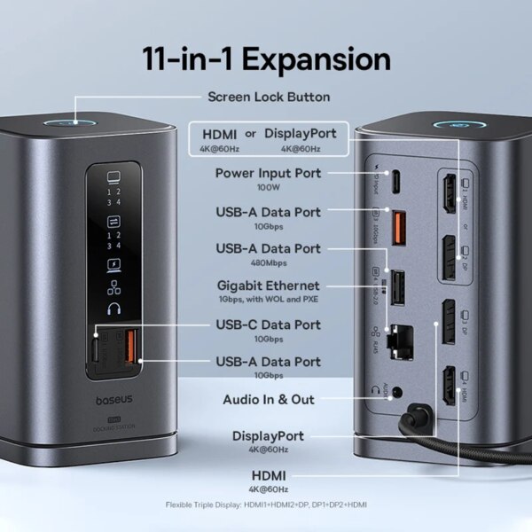 Baseus Spacemate 11-in-1 USB C Docking Station Triple Display 4K@60Hz HDMI DP PD 100W - Image 2