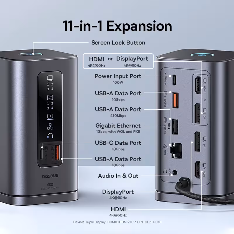 Baseus Spacemate 11-in-1 USB C Docking Station Triple Display 4K@60Hz HDMI DP PD 100W Baseus Spacemate 11-in-1 USB C Docking Station Triple Display 4K@60Hz HDMI DP PD 100W - Image 2
