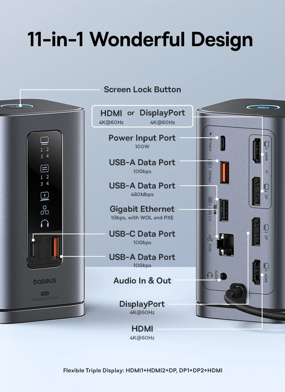 Baseus USB C Hub to DP 4K@60Hz HDMI DisplayPort 11-IN-1 Docking Station Triple Display RJ45 PD 100W For Window Mac USB 3.1 HUB