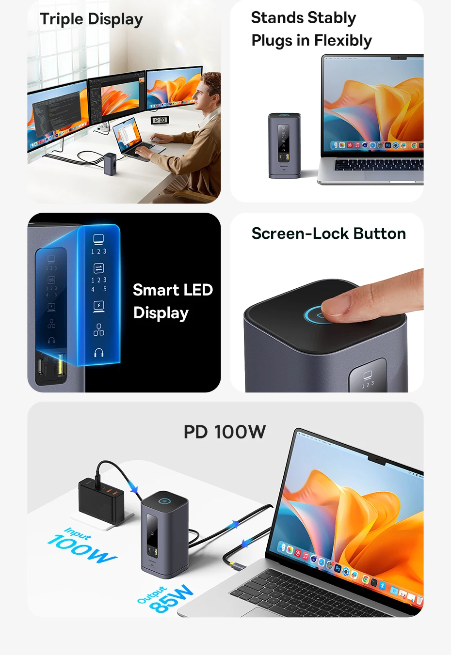Baseus USB C HUB for Mac M3 M2 M1 System HDMI 4K@60Hz MST Triple Display for MacBook Air Pro Window 11-in-1 HUB Docking Station