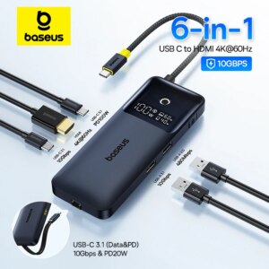 Baseus 6-in-1 USB C Hub with Dual Fast Charging 100W+20W HDMI 4K@60Hz 10Gbps Docking Station