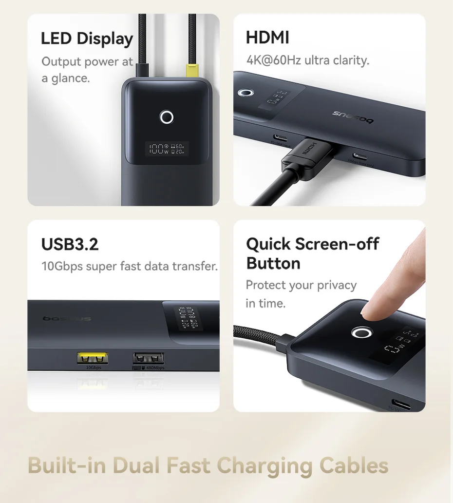 Baseus USB Hub for HDMI 4K@60Hz USB 3.1 10Gbps Hub 100W+20W Dual Fast Charging Cable Docking Station for MacBook Air PC USB Hub