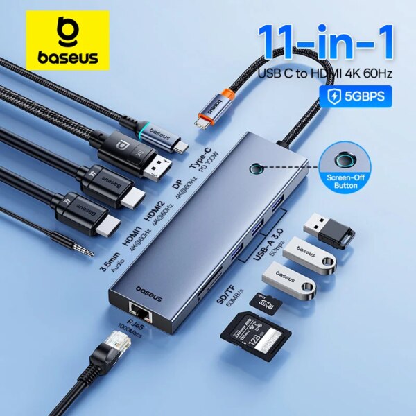 Baseus 11-in-1 USB C Hub Docking Station Dual HDMI 4K 100W PD Gigabit Ethernet