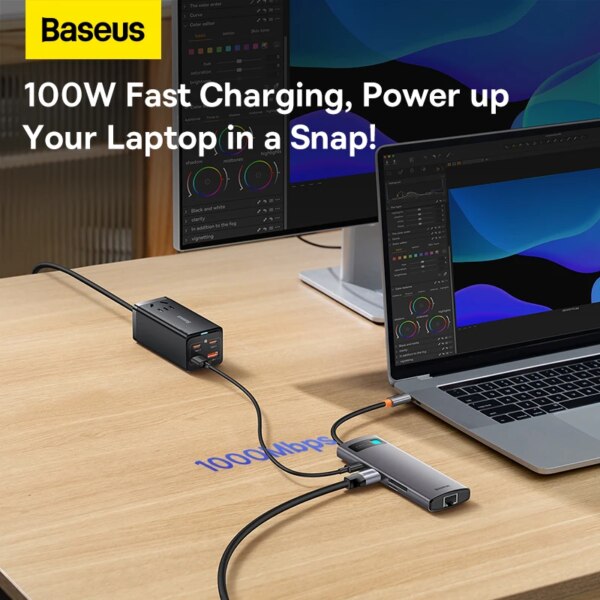 Baseus 8-in-1 USB C Hub with HDMI 4K@60Hz, 100W PD, USB 3.0, RJ45 Ethernet, SD/TF Card Reader - Image 3