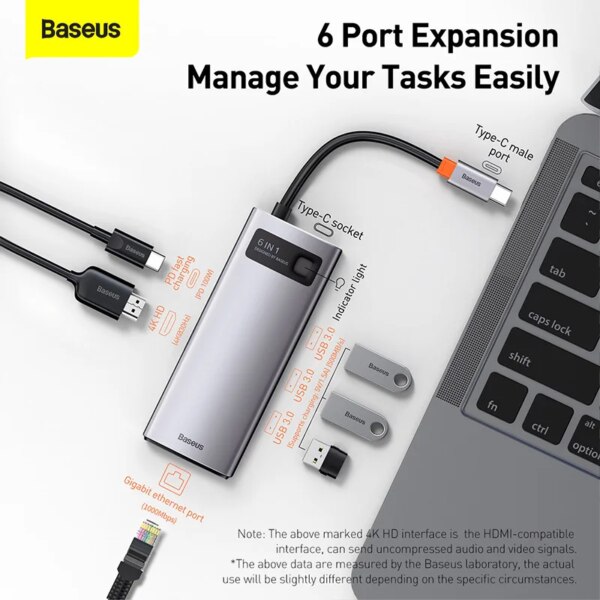 Baseus 6-in-1 Type-C Docking Station HUB with 4K HDMI 100W PD Fast Charging USB 3.0 RJ45 Ethernet - Image 2
