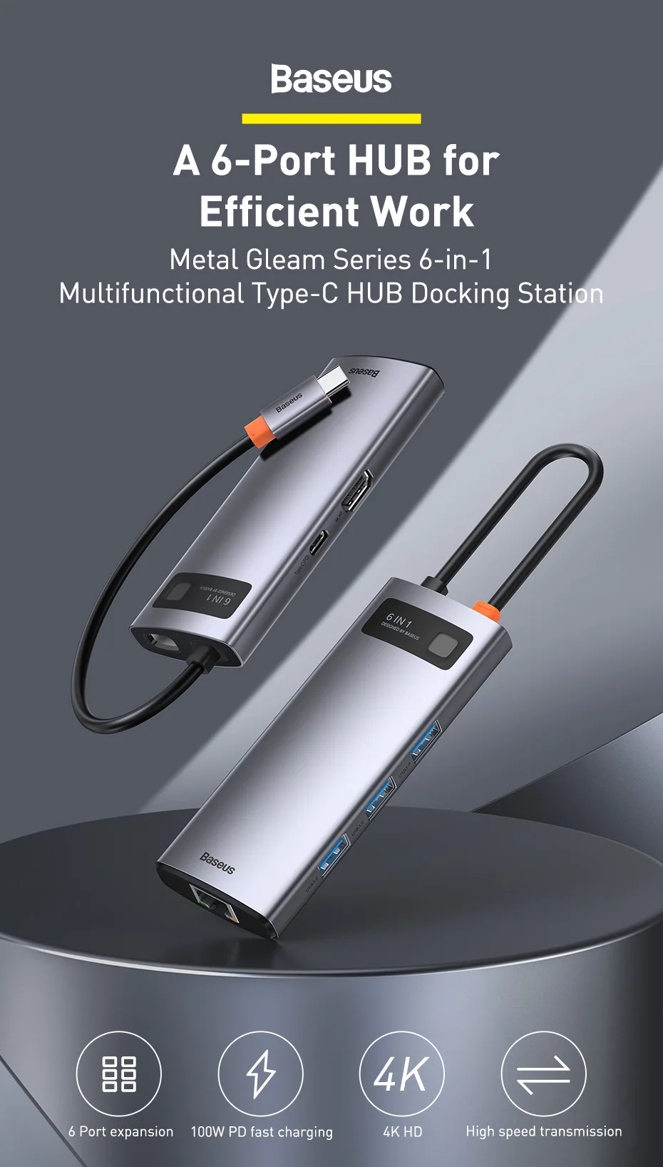 【Limited Offer for Korean Customers】Baseus 6-in-1 Type-C HUB to HDMI 4K 100W PD Fast Charging USB 3.0 RJ45 Docking Station HUB