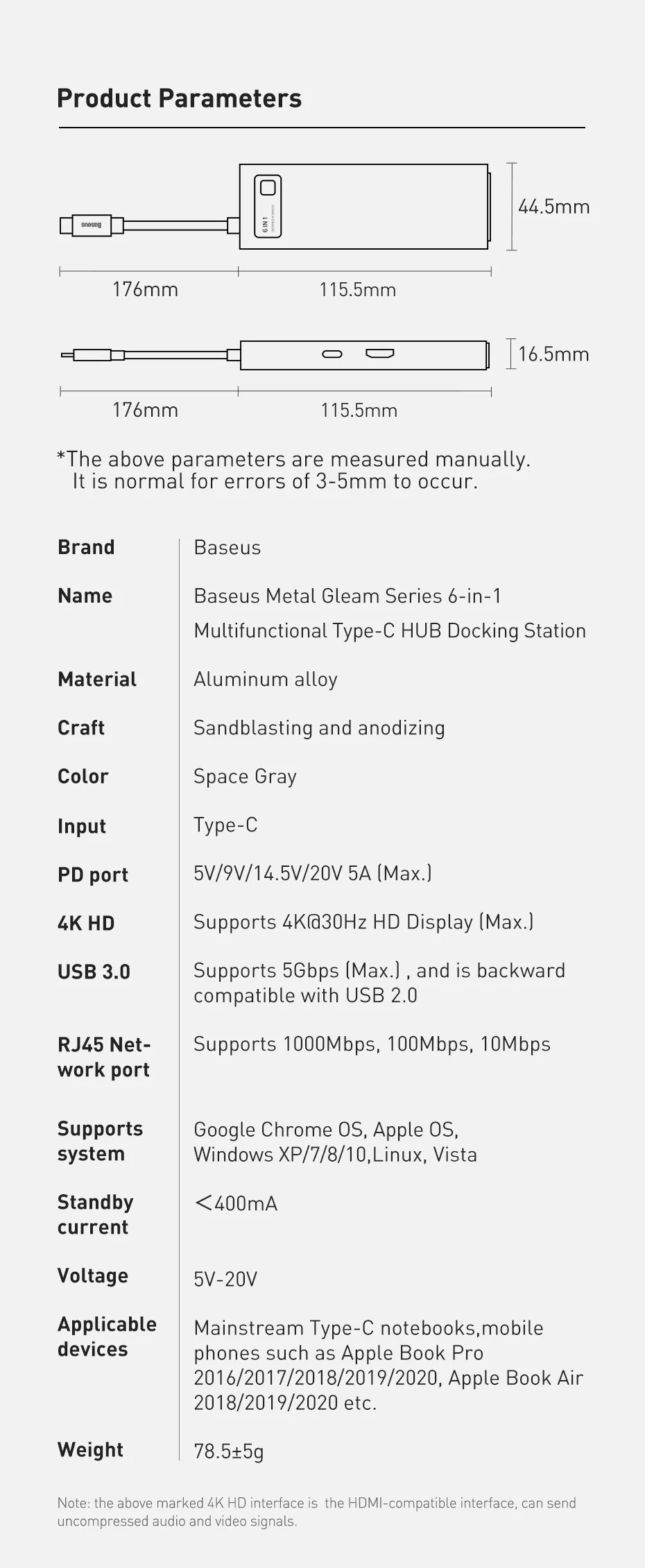 【Limited Offer for Korean Customers】Baseus 6-in-1 Type-C HUB to HDMI 4K 100W PD Fast Charging USB 3.0 RJ45 Docking Station HUB