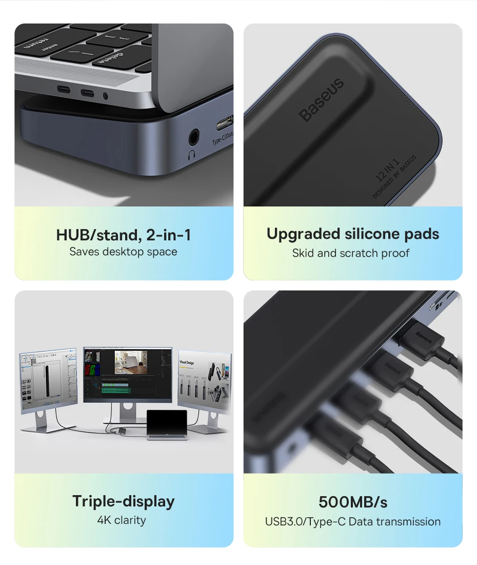 Baseus 12-in-1 USB C HUB Stand 4K@60Hz DP Dual HDMI Display 1000Mbps RJ45 Port USB 3.0 5GBPS TF/SD Card Reader 3.5mm Jack Hub